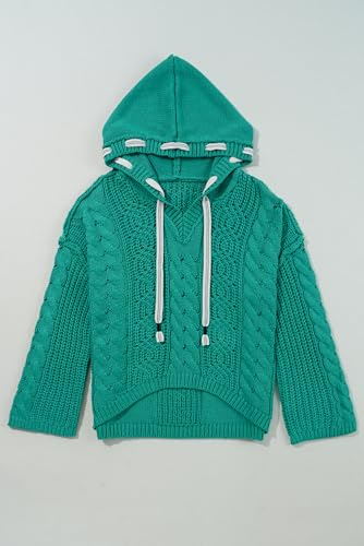 Women's Sea Green Cable Knit V Neck Hooded Sweater with Drawstring